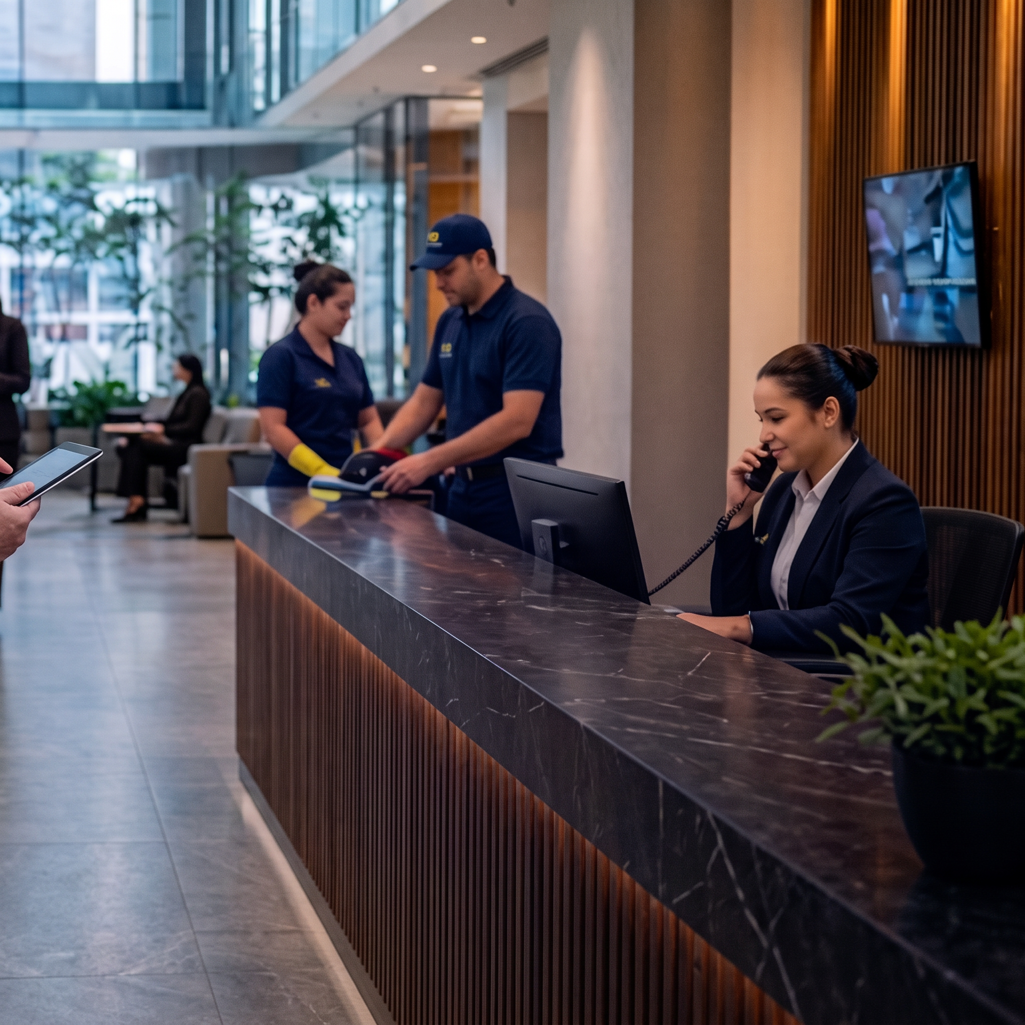 Equipe Santa Fé de recepção, portaria e limpeza atuando em lobby corporativo