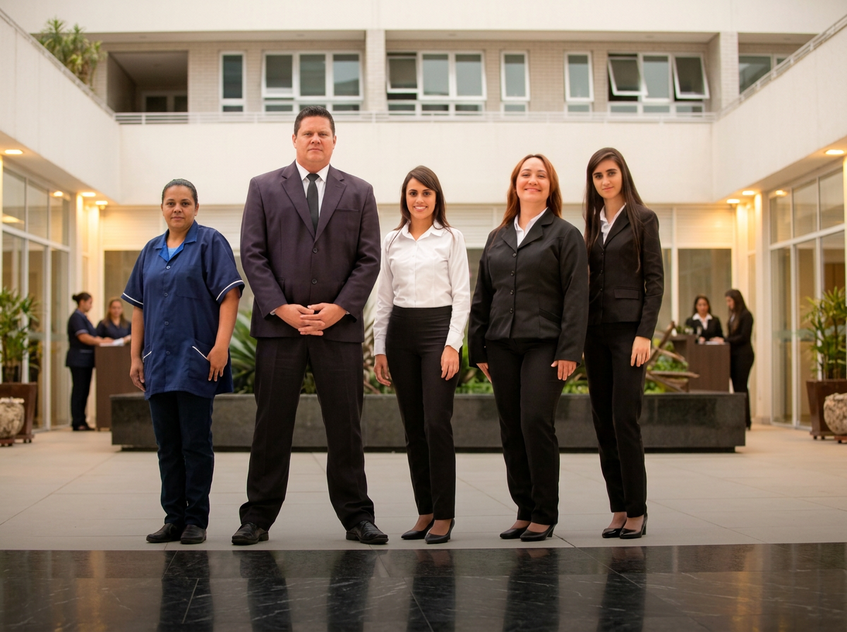 Equipe de portaria, recepção e supervisão da Santa Fé Serviços uniformizada